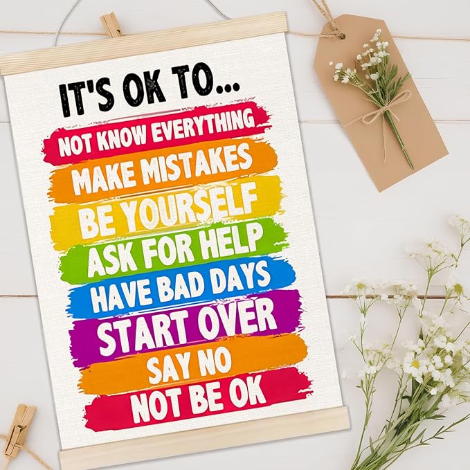 Welshower Colorful Mental Health Poster Hanger Frame, It's OK to Inspirational Quote Mental Health Wall Art Prints Decor for Therapy Counselor Office Classroom Framed, 12x16 Inch