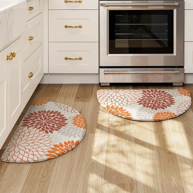 KIMODE Half Circle Anti Fatigue Mats for Kitchen Floor Kitchen Mats 2PCS | 18"x28+18"x28",Orange,Dahlia Floral Boho,Kitchen Rugs 2pcs,Non Slip,Waterproof,for Sink Office Laundry Bathroom Decor