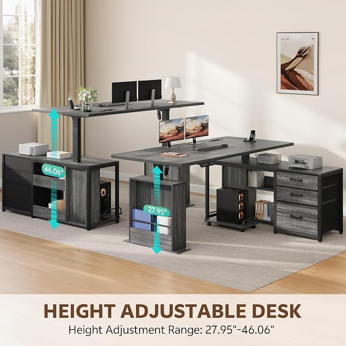 63 Inch L Shaped Desk with 3 Drawers Electric Standing Desks with Storage Computer Table Adjustable Height with Power Outlets 4 Memory Presets for Home Office, Grey