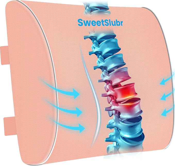 SweetSlubr Lumbar Support Pillow for Office Chair, Car & Gaming Chair, Ergonomic Memory Foam Cushion for Back Comfort,Zoned Back Support, Double Adjustable Straps,Breathable Washable Cover(Pink,Large)