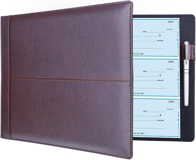 Antner 7 Ring Business Checkbook Binder for Business Checks, 600 Checks Capacity, PU Leather Check Book Binder Cover with Zipper Pouch, Executive Organizer Portfolio Holder for 9" x 13" Sheets, Coffee