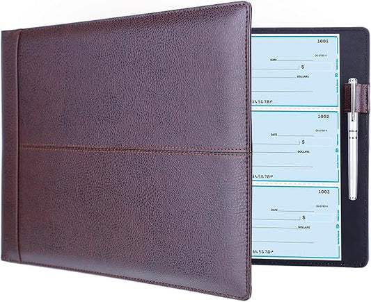 Antner 7 Ring Business Checkbook Binder for Business Checks, 600 Checks Capacity, PU Leather Check Book Binder Cover with Zipper Pouch, Executive Organizer Portfolio Holder for 9" x 13" Sheets, Coffee