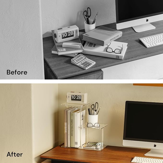 Acrylic Desktop Bookshelf, 7.9" D x 15" W x 15.3" H, Small Desktop Shelves Organizer, 3-Tier Clear Mini Table Top Shelf for Office Supplies and Desk Accessories, Easy Assembly