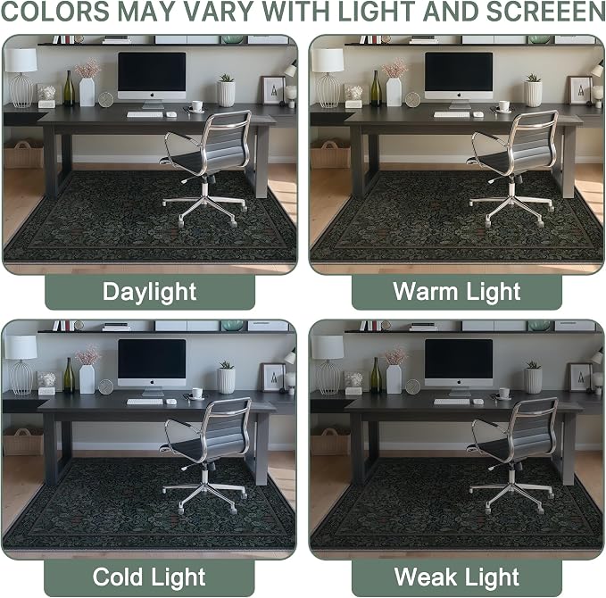 36"x48" Office Chair Mat for Hardwood Tile Floor, Under Desk Carpet Protector for Rolling Computer Chair Mat, Machine Washable Area Rug, Anti-Slip 1/5" Thick Low Pile Thin Vinyl Floor Mat, Dark Green