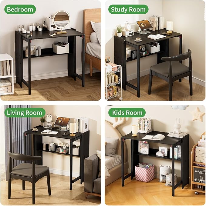 Bamboo Foldable Desk, Folding Desks for Small Spaces, Mid Century Small Computer Desk with Bookshelf for Bedroom Home Office, Black
