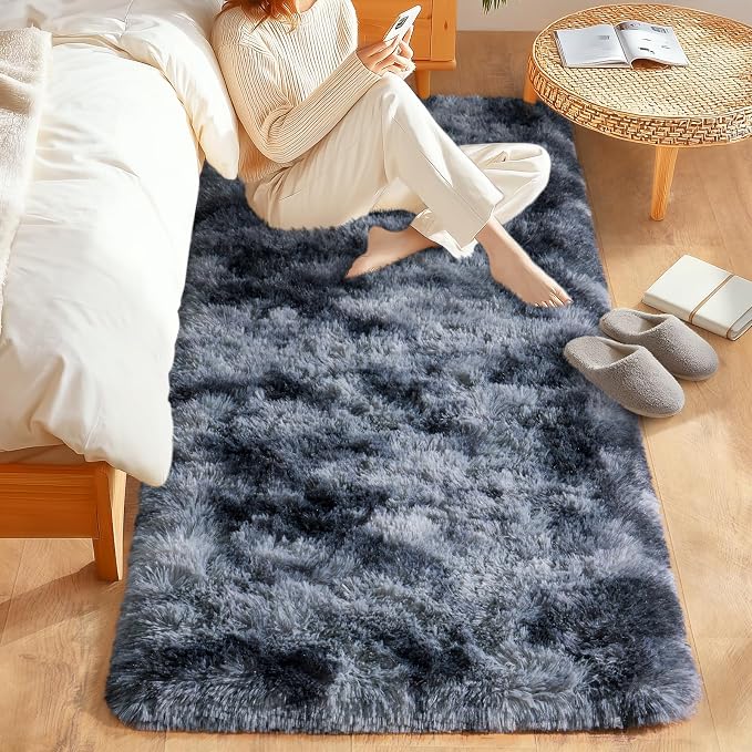 Fluffy Soft Runner Rug for Bedroom Hallways, 2x6 Area Rugs for Living Room, Modern Shaggy Carpets Fuzzy Rug for Boys Girls Dorm Nursery Home Decor, Upgrade Non-Slip Durable, Tie-Dyed Blue Grey