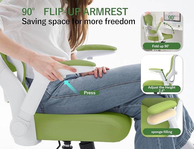 Office Chair Ergonomic Desk Chair Comfy: 400LBS Mesh Computer Chair Ergonomic Gaming Chairs with Wheels Adjustable Lumbar Support and Flip up Armrest-Swivel Executive Chairs Long Hours(Green)