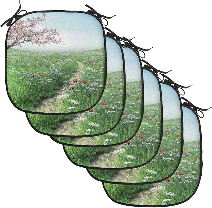 Lunarable Flower Chair Cushion Pads Set of 6, Pathway with Cherry Blossom Tree Wildflowers Grassland Country Village Nature Art, Anti-Slip Seat Padding for Kitchen & Patio, 16"x16", Green Blue