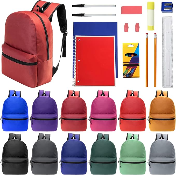 Moda West 17 Inch Bulk Backpacks with 18 Piece School Supplies Kits - Pens, Pencils, Crayons - Case of 12 Wholesale Backpacks in 12 Assorted Colors