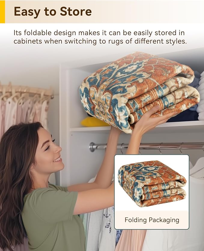 RELEANY Area Rugs Round 6ft Washable Non-Slip, Floral Vintage Distress Medallion Carpet for Living Room Bedroom Dining Room, Red Orange Blue Brown
