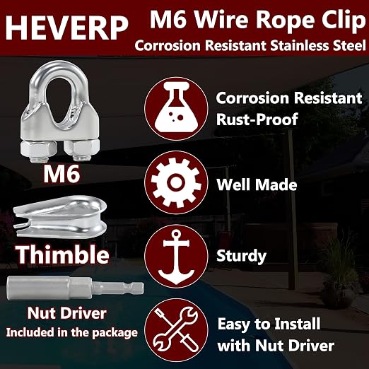 10Pcs M6 1/4 Inches Stainless Steel Wire Rope Clips,5PCS Thimbles | Corrosion resistant,easy to install with 1 nut driver,suitable for 3/16"-1/4" diameter wire rope or cables