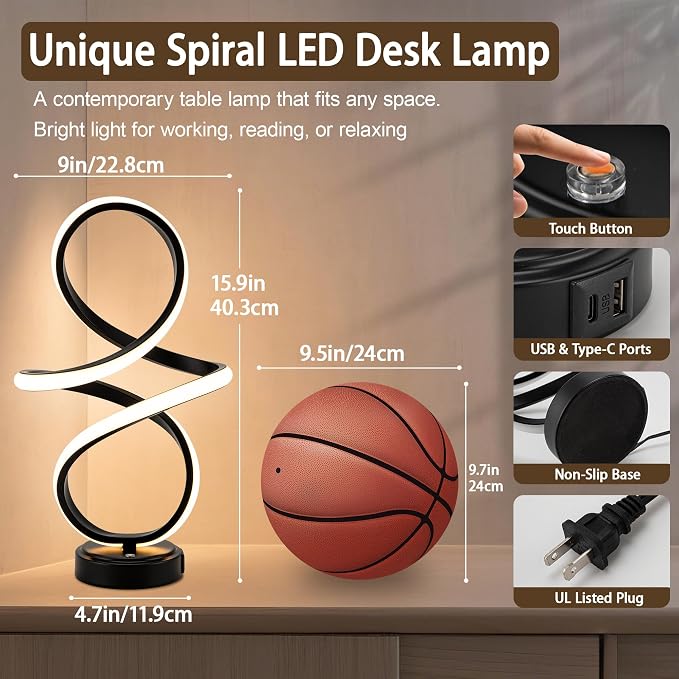 Mayful Modern Spiral Table Lamp, Black Small Nightstand Lamp with USB C & A Ports, Touch Control Dimmable with 3 Color Temperatures,Unique LED Bedside Lamps for Bedroom Living Room Nightstand Office