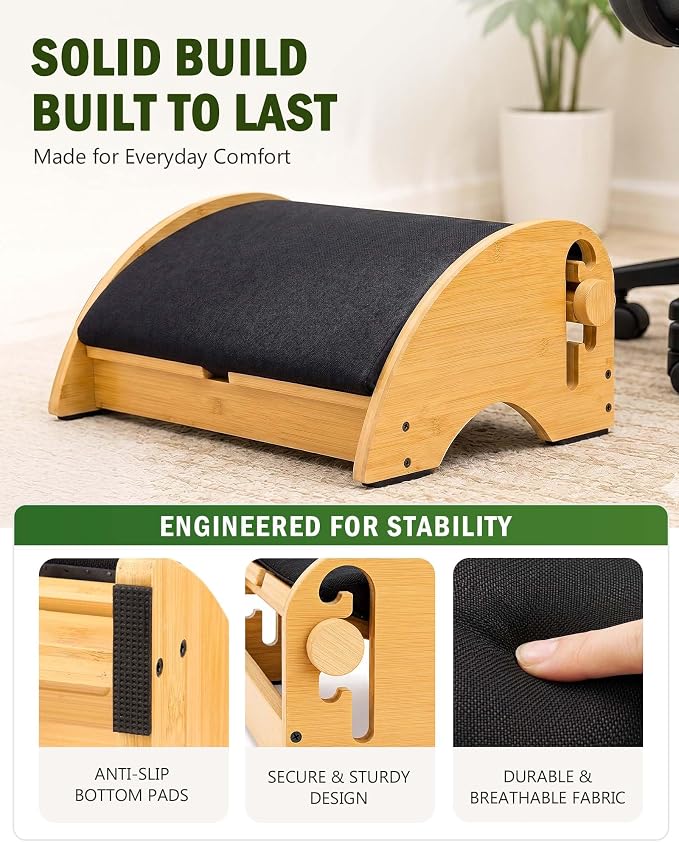 Bulado Wooden Foot Rest Under Desk, Ergonomic 4-Height Adjustable Footrest | Removable Memory Foam Cushion, Non-Slip Base, Stable Design, Office, Home Office, Long Sitting Comfort