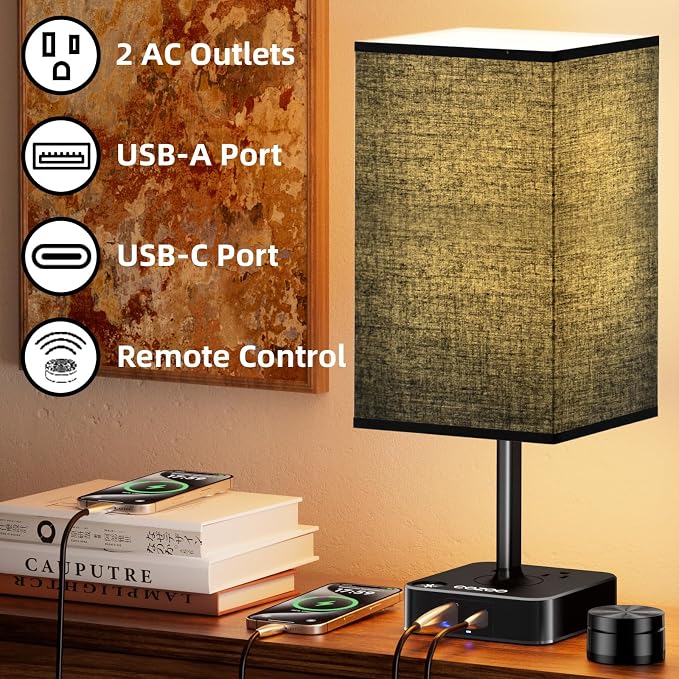 cozoo Bedside Table Lamp for Bedroom, 3 Way Dimmable & Remote Control Stepless Dimming Touch Nightstand Lamp, 2 USB Ports and 2 AC Outlets, Small Desk Light for Living Room, Bed, Study, Black