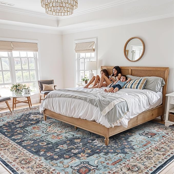 TOPRUUG Washable Oriental Area Rug - 10x12 Rugs for Living Room Soft Carpet for Bedroom Waterproof Floral Distressed Indoor Stain Resistant Non-Shedding Floor Carpets (Blue/Teal/Orange, 10x12)