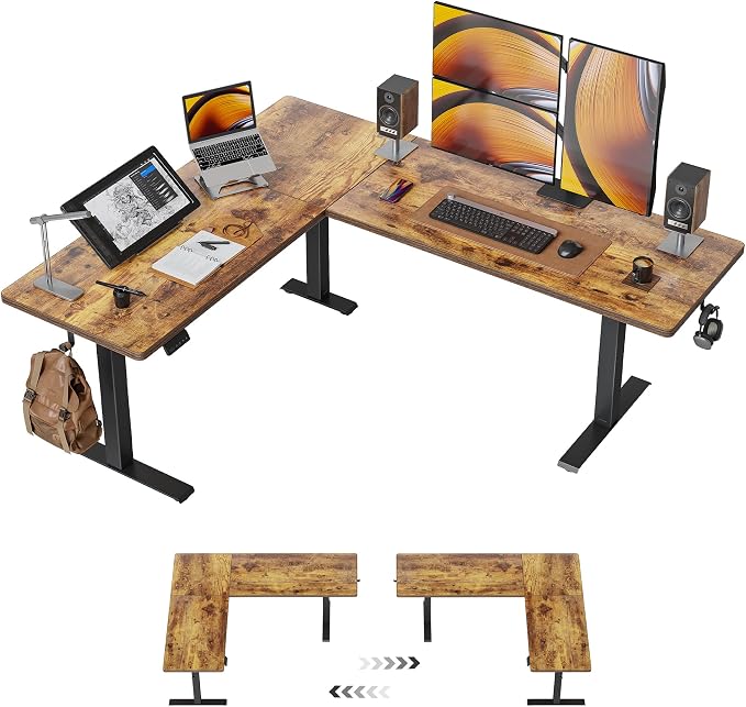 CubiCubi L Shaped Standing Desk 75 x 63 Inch Adjustable Height, Electric Corner Desk, Sit Stand Home Office Desk with Splice Board, Rustic Brown（2 Packages