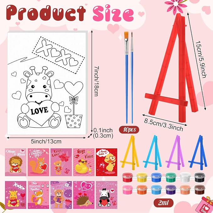 Blosssound 10 Set Valentine's Day Jungle Animals Pre Printed Canvas Pre Drawn Canvas Painting with Easel Kits 5" x 7" Outline Painting Panels for Beginners, DIY Craft Project, Party Favor, Home Decors
