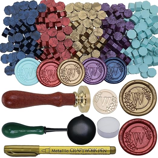 Initial Alphabet Wax Seal Stamp Set, Retro Letter W Sealing Stamp with 150Pcs Sealing Wax Beads in 5 Color, Melt Non Stick Spoon Pen Kit for Wedding and Christmas (W)