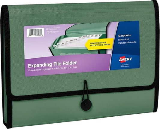 Avery Expanding File Folder Organizer, 13-Pocket Accordion File Organizer, Sage, Holds 425 Letter/A4-Size Sheets (73555)