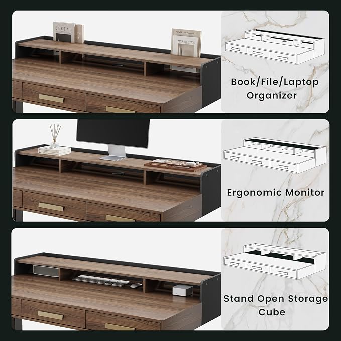 ModernMate 48" Electric Standing Desk with 3 Drawers & Monitor Shelf | Height Adjustable Sit Stand Desk, Home Office Computer Workstation with Storage for Small Space, Black Walnut