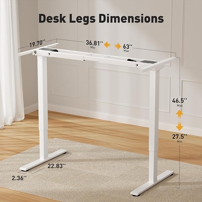 Dual Motor Standing Desk Frame, Height Adjustable Electric Desk Frame (27.5"–46.5"), 160 lbs Capacity, Quiet Sit Stand Desk with Memory Controller, Home Office Desk Frame White