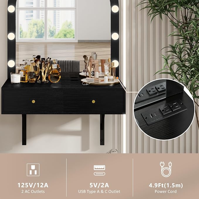 Merax Black Floating Vanity Desk Vanity Mirror with Lights, 3 Color Adjustable, 2 Storage Drawers & Charging Station, Wall-Mounted Makeup Vanity Shelf for Bedroom Hairdressers, 31" D x 54" H