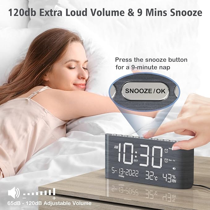 Mesqool Digital Alarm Clock, with Calendar Temperature and Humidity | Loud Volume, Dual Alarm, USB and Type-C Charging Ports, Dimmer, 12/24H, Snooze, Stylish Digital Clock for Décor