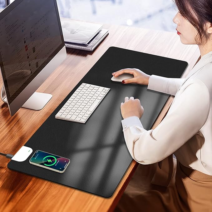 Large Desk Pad with Wireless Charger, Dual Side PU Leather Desk Mat on Top of Desks, Black Mouse Pad Desk Protector Mat, Waterproof Keyboard Mouse Mat for Gaming Computer Desktop Cover 31.5"x12.6"