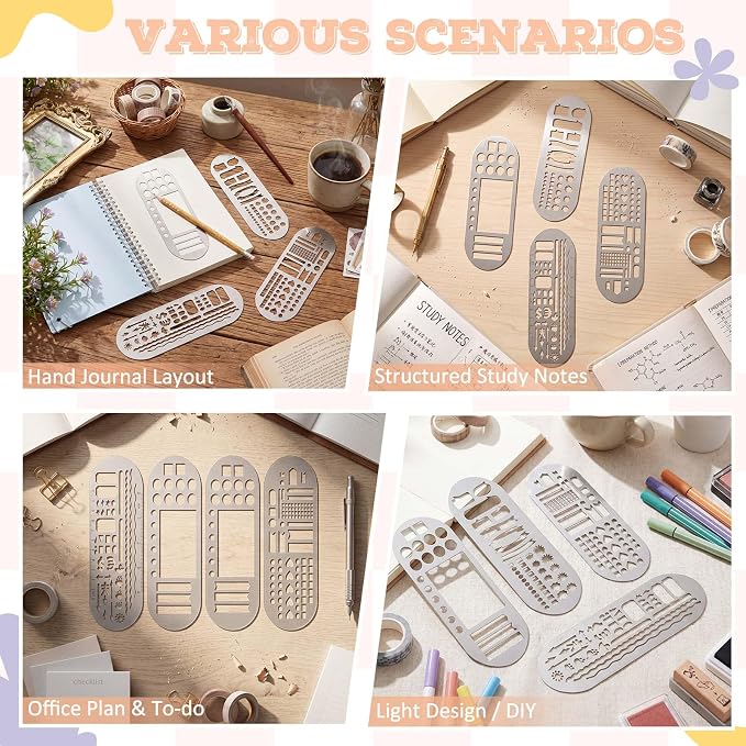 Chinco 4 Pieces Stencils Metal Journal Template 7.9 x 2.4 Inches Bookmark Ruler School Supplies Stainless Steel Stencils Set for DIY, Engraving, Painting, Scrapbooking(Classic Style)