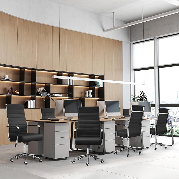 JOMEED Office Desk Chair,Conference Room Chair,High Back PU Leather Swivel | Modern Executive Ribbed Design, Ergonomic, Height Adjustable, Wheels and Arms, for Home Office(Black-Silver Frame)