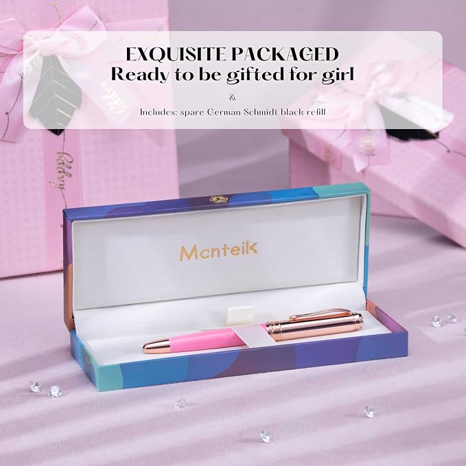 MCNTEIK Luxury Rollerball Pen, With 8mm Brilliant diamond,Vibrant Pink Pen,Attractive Real Rose Gold Finish, Schmidt Black Refill,Glitter Fancy Pens Gifts for Women Wedding Bridesmaid Office,Nice pen