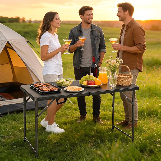 FDW 4FT Folding Table, Portable Fold-in-Half Plastic Picnic Party Table with Carrying Handle (Black, 4FT)