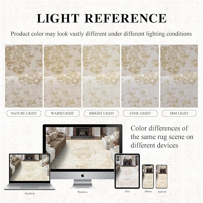 9x12 Vintage Washable Area Rugs Boho Medallion Large Distressed Retro Accent Carpet Floral Non-Slip Soft Low Pile Indoor Throw Rug for Living Room Bedroom Dining Room Office Kitchen, Beige