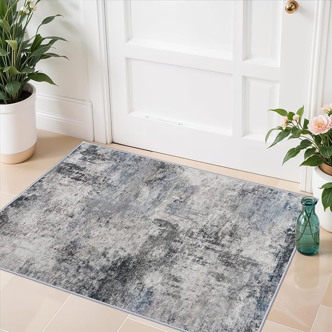 RUUGME Washable Abstract Rug 2x3:Living Room Large Vintage Area Rug Soft Indoor LowPile Carpet Bedroom, Dining Room Non-Slip Backing Stain Resistant Distressed Floor Dec Machine Washable Mat 2X3 Blue