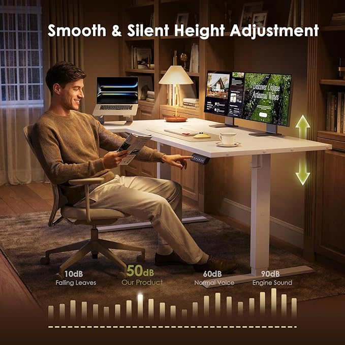 OffiGo Electric L Shaped Standing Desk, 55 Inches Height Adjustable Table, Reversible Corner Stand Up Desk, Lifting Computer Table for Home Office, Computer Workstation, White
