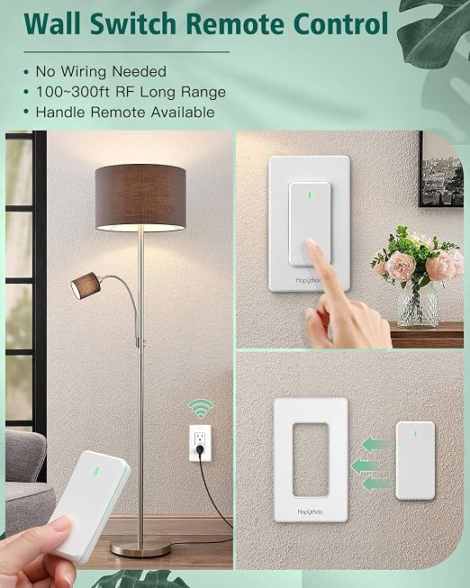 Remote Control Outlet, Wireless Wall Mounted Light Switch, 15A/1500W Remote Outlet for Light & Small Electrical Appliance, 300 Feet RF Range, Anti-Surge 4000V, 1 Remote and 2 Outlets