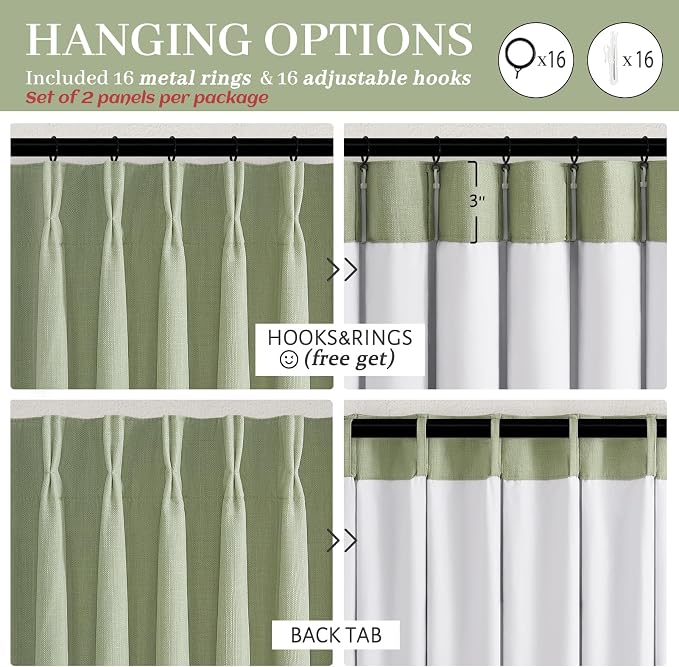 Memory Shape Pinch Pleated Curtains 102 Inches Long for Dining Room, Light Green Blackout Dual Layer Linen Sound Dampening Windows Drapes with Hooks Rings Insulated Decorative Windows Burg 2 Panel Set