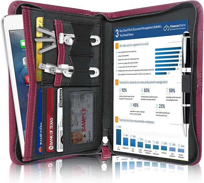 Mini Leather Zippered Padfolio Portfolio Binder 5 x 8 Legal Writing Pad, Professional Business Portfolio for Men & Women, Card Holder, Notepad Clipboard Holder, Red