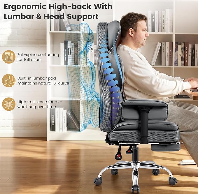 Office Chair 400 LBS, Heavy Duty High Back Executive Desk Chair | 23.6" Extra-Wide Seat with Footrest for Big & Tall Users, Ergonomic Lumbar Support, 165° Recline, Padded Arms, Gray, 2 Pack