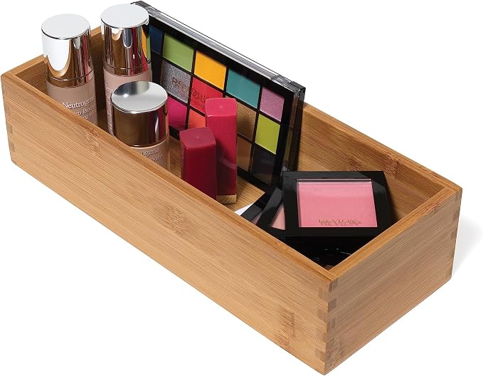 Lipper International Bamboo Wood Utensil Holder Storage Box for Cooking Tools, Makeup, or Office Supplies, 5" x 12" x 3" (Pack of 6)