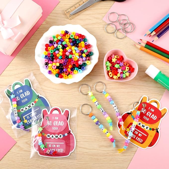 Cunno 1446 Pcs 36 Set Back to School DIY Bead Keychain Making Kit Key Chain Crafts Alphabet Bead Jewelry Key Ring Welcome First Day of School Gift Swaps Graduation Party Favors(Bright Cute)
