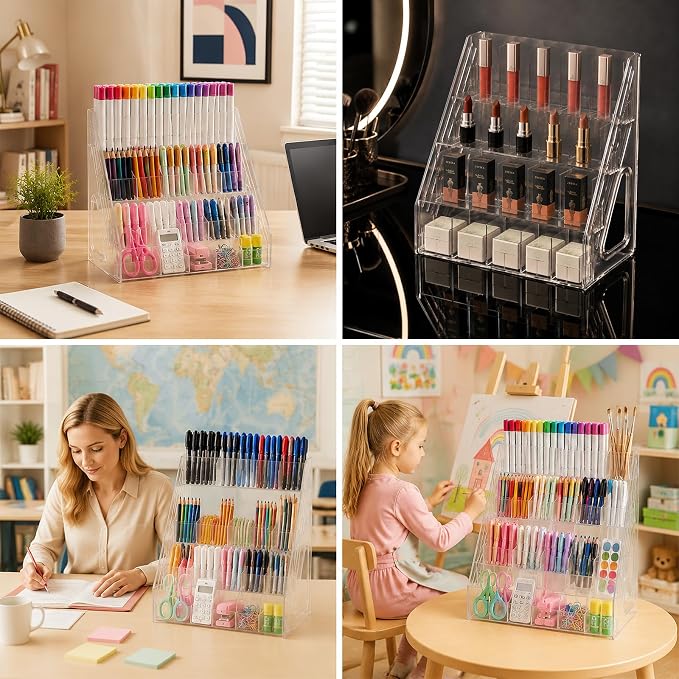 Acrylic Pen Pencil Holder for Desk With 20 Compartment Desk Organizers and Accessories,Durable Material Can Hold Pen Brush Cosmetic Scissor Clip Tape staplers Fit Home Office School(4 Tier)