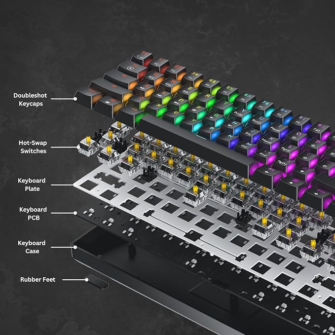 HK GAMING GK61 Mechanical Gaming Keyboard - 61 Keys Multi Color RGB Illuminated LED Backlit Wired Programmable for PC/Mac Gamer (Gateron Optical Yellow, White)