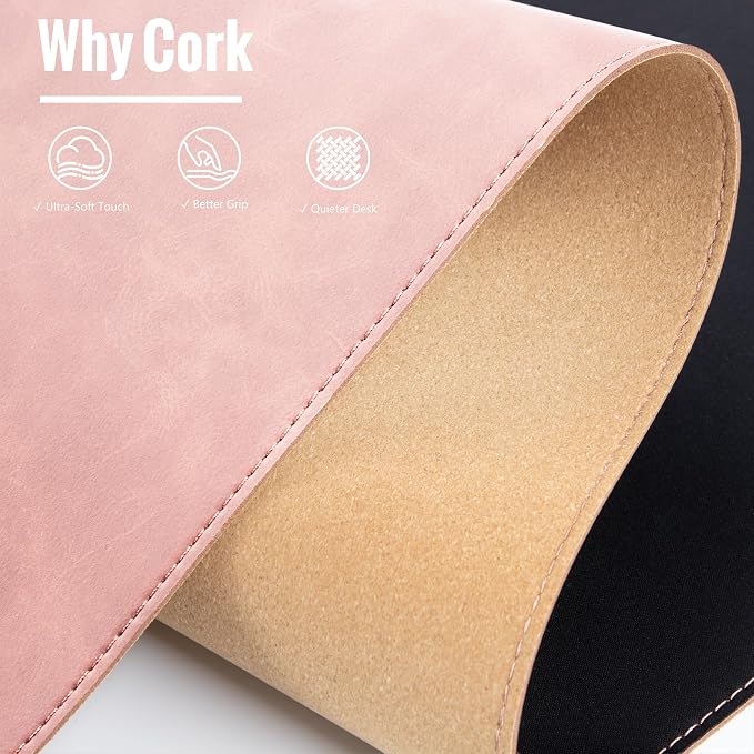 HAUTOCO Cork Desk Mat 31.5"x15.7", Distressed PU Leather & Cloth Desk Pad | Waterproof, Non-Slip, Stitched Edges, Pink Large Gaming Mouse Pad, Laptop Blotter & Desk Protector for Office and Home