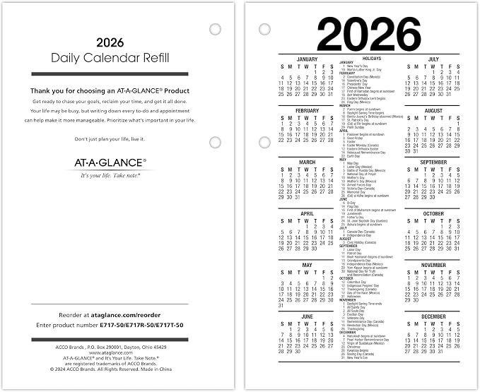 AT-A-GLANCE 2026 Desk Calendar Refill, Daily, 3.5" x 6", Standard, Loose-Leaf (E7175026)