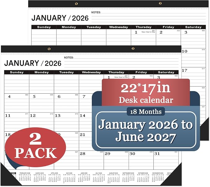 Desk Calendar 2026, Desk Calendar 2026 Large 22 x17(January 2026 - June 2027),2026 Calendar,Classic Black,Large Calendar 2026-2027 with Plastic Cover(2 PACK)