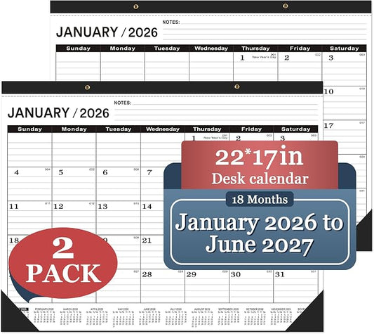 Desk Calendar 2026, Desk Calendar 2026 Large 22 x17(January 2026 - June 2027),2026 Calendar,Classic Black,Large Calendar 2026-2027 with Plastic Cover(2 PACK)