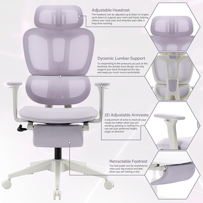 Ergonomic Office Chair with Retractable Footrest, Purple | High Back Design, Dynamic Lumbar Support, 2D Headrest & 2D Armrests, Breathable Mesh Back for Home Office