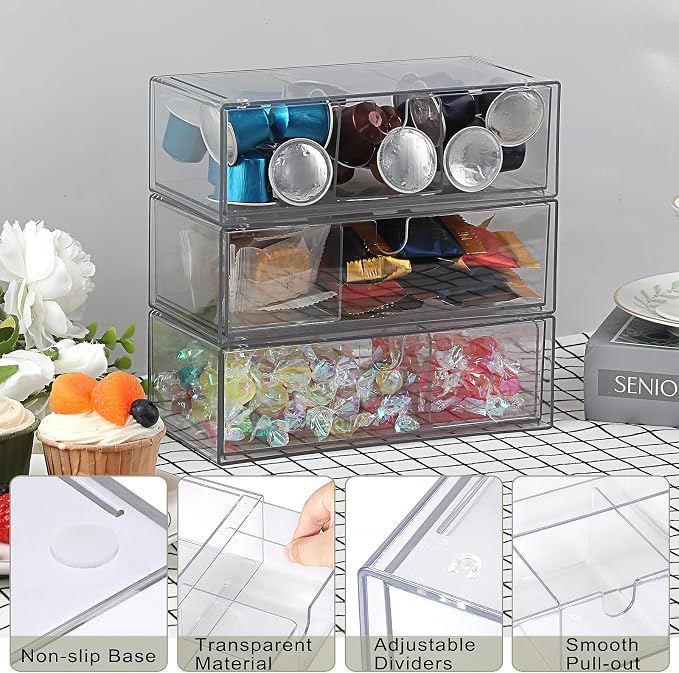 Acrylic Pencil Drawer with Removable Dividers Clear Pull Out Pen Drawer Organizer Stackable Bathroom Organizer for Makeup, Cosmetics, Office Supplies,3 Pack