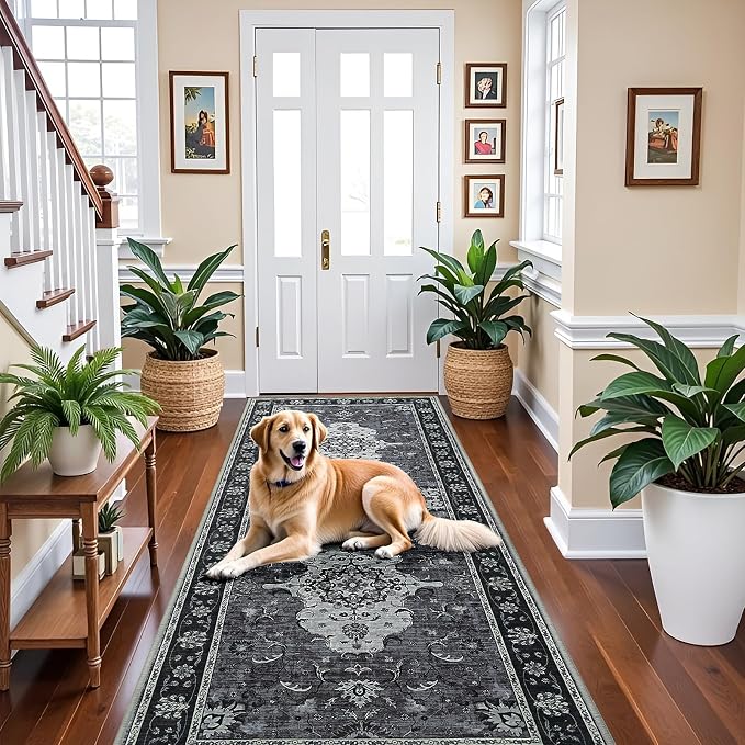 Runner Rug for Hallways Kitchen Rugs Non Slip 2x6 Washable Rugs with Rubber Backing Water Repellent Floor Carpet Low Pile Soft Floral Carpet for, Laundry, Bedroom, Bathroom Black/Grey